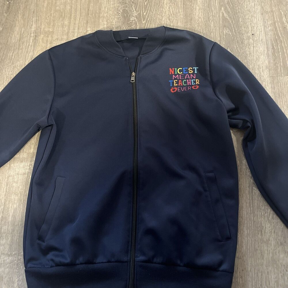 Funny Teacher Apparel Navy Blue Zip Up Track Jacket Size S Women’s Measurements